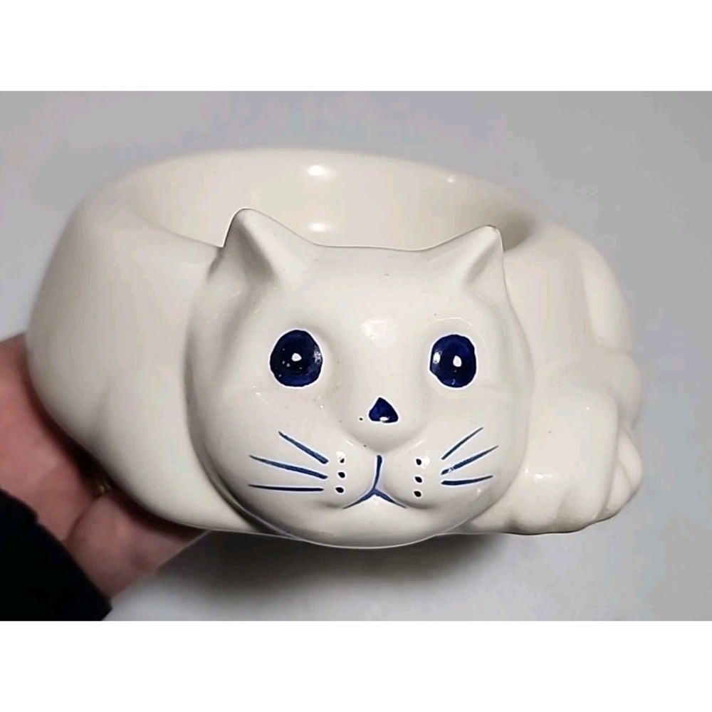 Vtg Cat Kitten Pet Food Dish Ceramic Treat Bowl Lillian Vernon White Blue Eyes‎